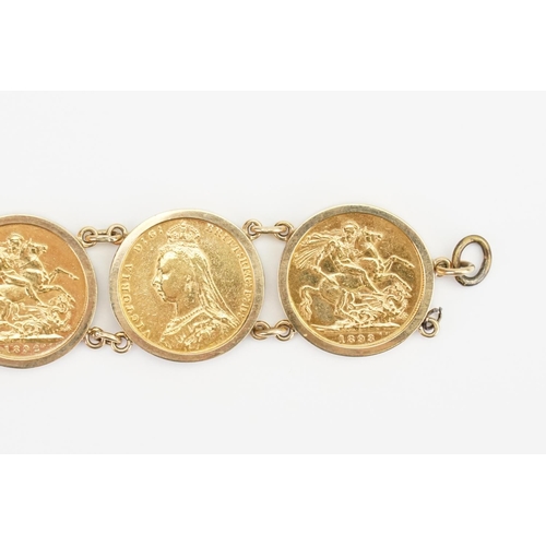 229 - A Sovereign mounted bracelet, mount marked 9ct gold, consisting of six Jubilee sovereigns, to includ... 