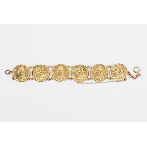 229 - A Sovereign mounted bracelet, mount marked 9ct gold, consisting of six Jubilee sovereigns, to includ... 