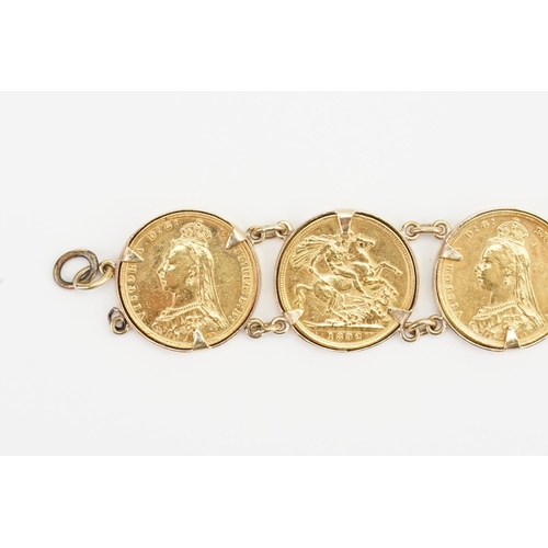 229 - A Sovereign mounted bracelet, mount marked 9ct gold, consisting of six Jubilee sovereigns, to includ... 