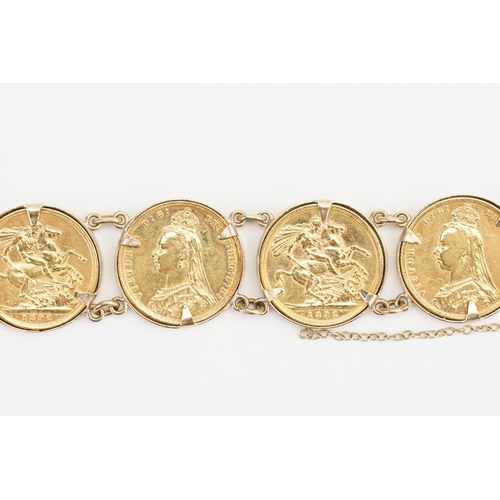 229 - A Sovereign mounted bracelet, mount marked 9ct gold, consisting of six Jubilee sovereigns, to includ... 