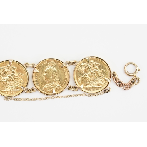 229 - A Sovereign mounted bracelet, mount marked 9ct gold, consisting of six Jubilee sovereigns, to includ... 