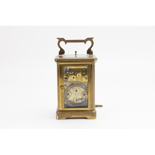 223 - A Brass Four Plate French Design Carriage Clock with alarm & Chiming Movement with a White enamelled... 