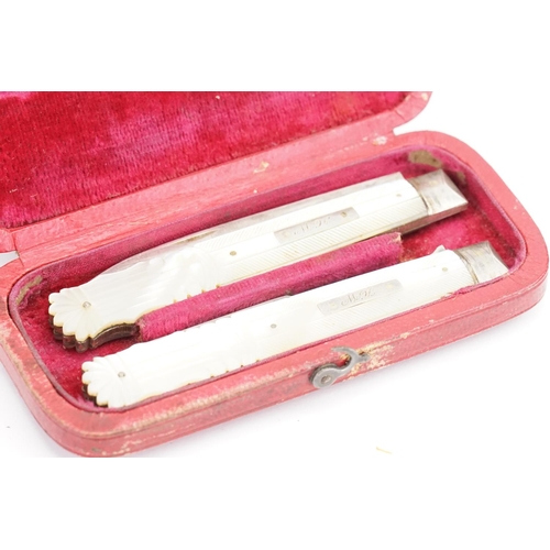 257 - A Silver Regency Mother of Pearl Travelling Folding Knife & Fork in a Moroccan Case. Hallmarked.