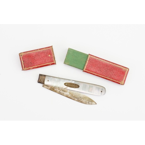 258 - A Regency Mother of Pearl & Silver Handled Fruit Knife in a Moroccan Case.