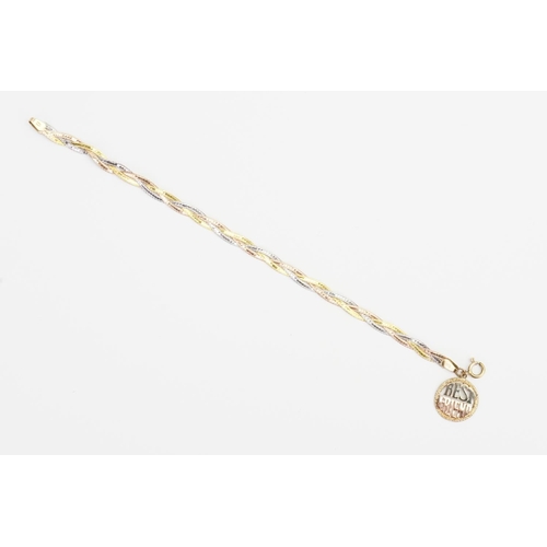 97 - An Italian 14ct marked Tri-Gold Bracelet, Hung with a Charm. Weight: 4.4 grams.