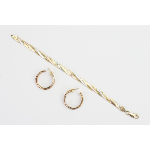 136 - An Italian 9ct Gold Flattened Link Bi-Coloured Bracelet with matching Earrings. Weighing: 13.9 grams... 