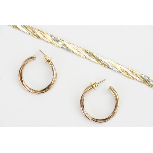 136 - An Italian 9ct Gold Flattened Link Bi-Coloured Bracelet with matching Earrings. Weighing: 13.9 grams... 