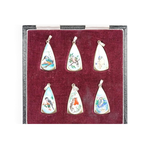 125 - An Unusual Set of Six Enamelled Silver Bird Pendants depicting a Kingfisher, Chaffinch, Robin, Crane... 