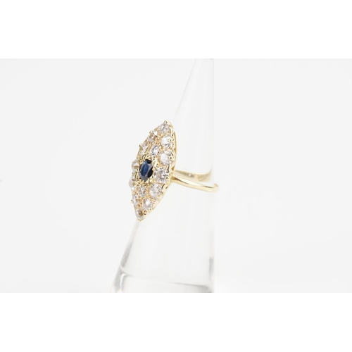 113 - A Marquise design Diamond and Sapphire set Ring. Size G. Weight: 3.6 grams. Largest Diamond 0.15ct. ... 