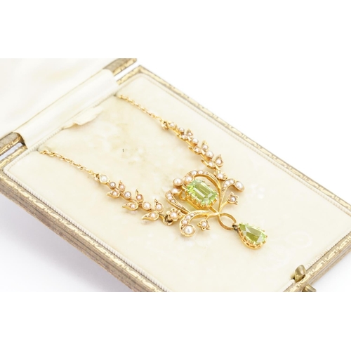 192 - A Victorian 15ct Gold Peridot and Pearl Necklace set with Two Peridots, one Emerald cut and the othe... 