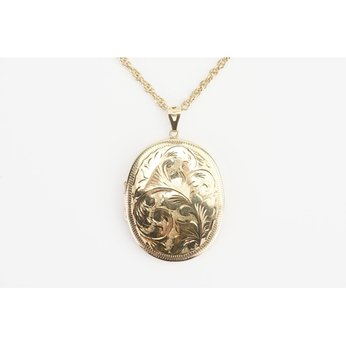 171 - A 1980s 9ct Gold Chain and Locket, marked: ZJ. Locket size: 5cms x 4cms. Chain Length: 60cms. Weighi... 