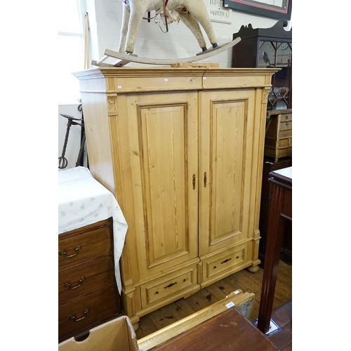 604 - A Pine Double Door Split Section Dutch Design Wardrobe Fitted with Bottom Drawers, Reeded and Floral... 