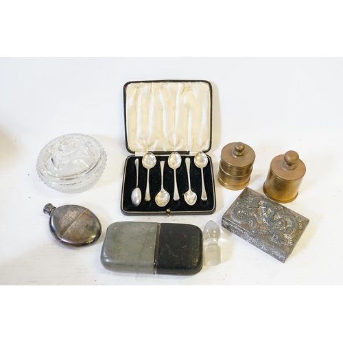 66 - A Silver Plated Spirit's Flask with Cut attachment, Silver Tea Spoons, Pewter Flask, etc.