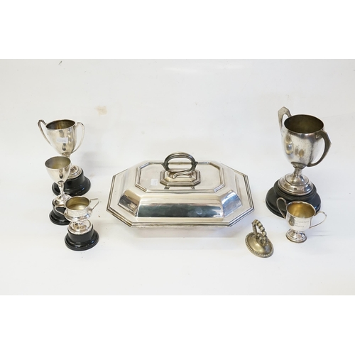 70 - A Silver Trophy, an Entre Dish and Cover, Sports cups, etc.