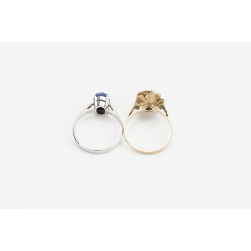 77 - A 9ct Gold Flower Ring (Size L) along with a Sapphire Set 14ct White Gold Ring (Size N). Flower Ring... 