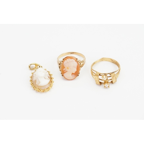 90 - A 9ct Gold Cameo Ring along with a Cameo Pendant & one other Gold Coloured Ring. Cameo Ring Weighing... 