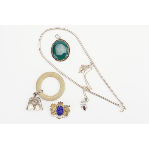 107 - A Silver Teething Ring, a Silver Coronation Brooch, a Green Stone Pendant on a chain & a Red Stone P... 