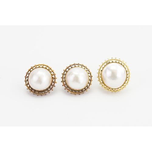 146 - A set of 14ct Gold Pearl set Ring and Earrings. Size M/N. Weight: 27.9 grams.