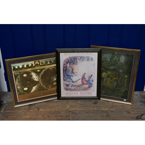457 - A 1960s Gold Blau Map, a Beatrix Potter Print and one other of the Mole. All Framed.
