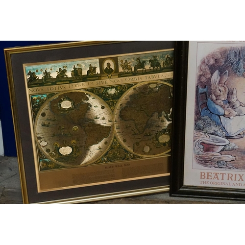 457 - A 1960s Gold Blau Map, a Beatrix Potter Print and one other of the Mole. All Framed.