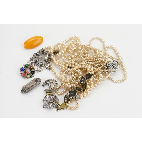 194 - A Collection of Costume Jewellery to include Silver Name Tags, Amber Coloured Brooch & Pearls.