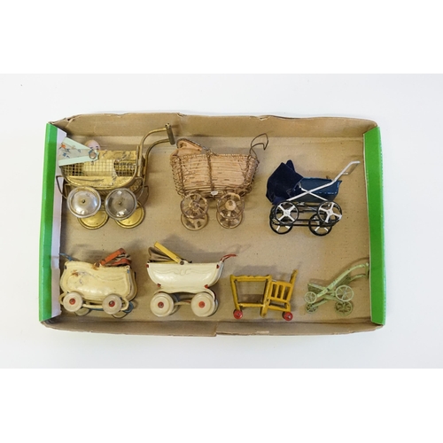 464 - A Tray of Mid 20th Century Tin Plate Dolls Prams along with a folding buggy & a Desk/Chair. All in E... 