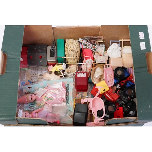 566 - A Collection of Small Dolls Prams mostly Plastic, some miniature Dolls, Plastic Cameras, etc. Needs ... 