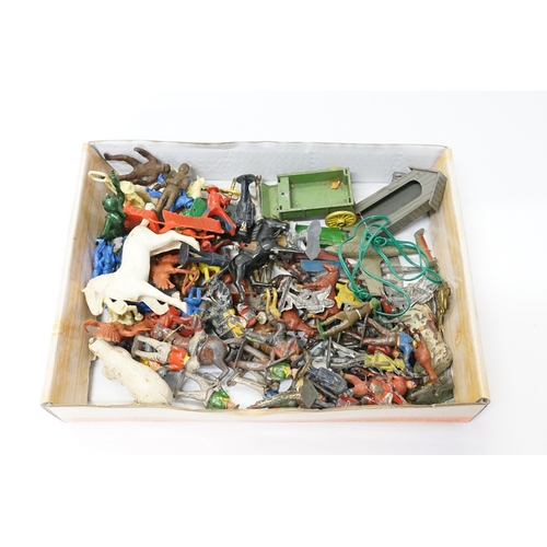 530 - A Box of Original 1950s/1960s Lead & Plastic Figures & Animals, 2 x Dinky Planes, etc. All in Play W... 