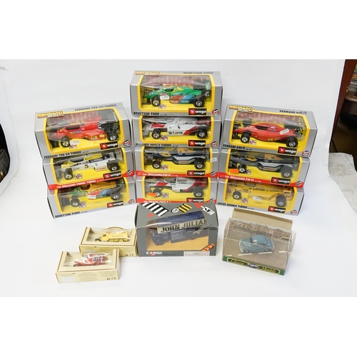 359 - A Collection of 10 x 1/24th Scale 1980s Boxed Burago F/1 Racing Cars along with a Corgi Morris Minor... 