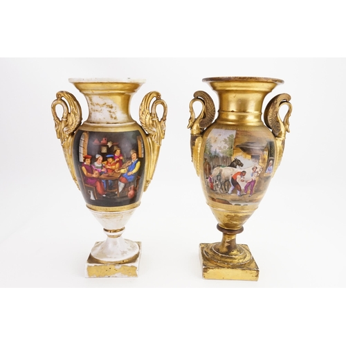 520 - Two Paris Porcelain Vases decorated with a Tavern interior & Horse Shoeing. Measuring: 28cms.