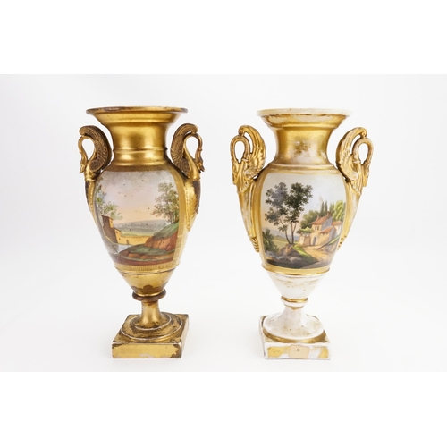 520 - Two Paris Porcelain Vases decorated with a Tavern interior & Horse Shoeing. Measuring: 28cms.