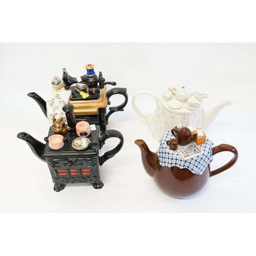 533 - Four Various Novelty Tea Pots to include a Stove, Sewing Machine & Two Breakfast Tables.