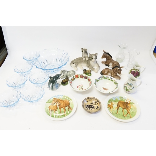 564 - A Resin Study of Cats, Two Donkeys, a Blue Glass Fruit Set and other Decorative China.