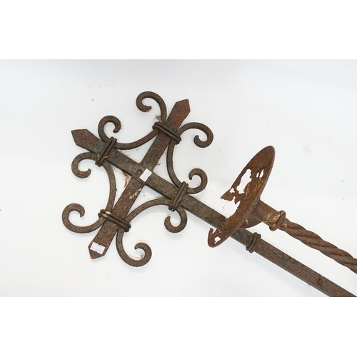 684 - A Medieval Designed Wrought Iron Candle Sconce with Turned and Ball Decoration. Measuring: 75cms Hig... 