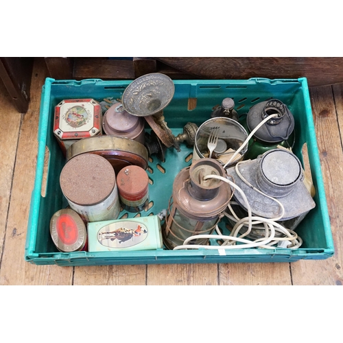 687 - A Box containing a Brass French design Gimble Wall Light, Tins, Ship Lights, etc.