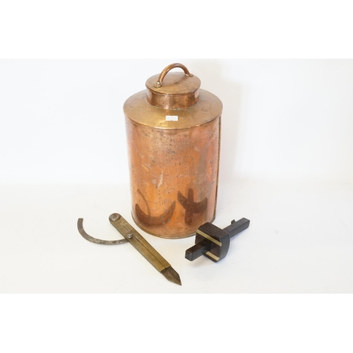 693 - An Antique Home Made Protractor, a Mortice Gauge & Copper Container possibly for Milk.