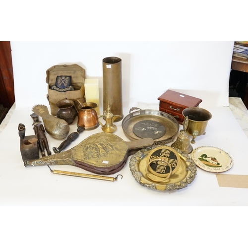 696 - A WWI 1915 Shell Case, Brass Bellows, Carved Wood, Set of Salters, Various Metal Ware, etc.