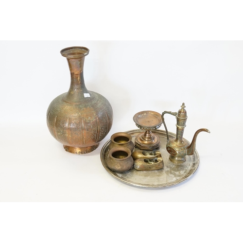 700 - An Indian embossed Copper Cashmiri designed Water Vase, an Incense Burner, two Ghee Containers, Coff... 