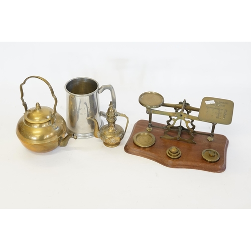 703 - A Victorian design brass letter scale with weights, on a mahogany stand, along with other items of B... 