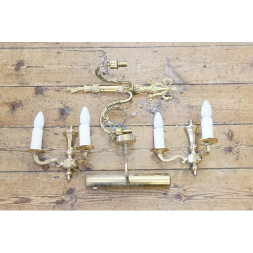 676 - Two Brass Effect Wall Lights, a French Brass Wall Light, etc.