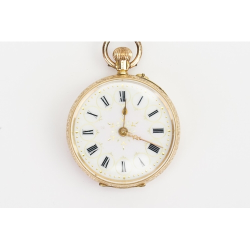 290 - A 14ct Gold cased ladies pocket watch, white roman numeral dial. Marked D.F & Co.