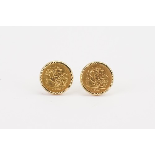 416 - A pair of 1911 Quarter Sovereigns made into 18ct Gold cufflinks. Weight 12.5g gross.