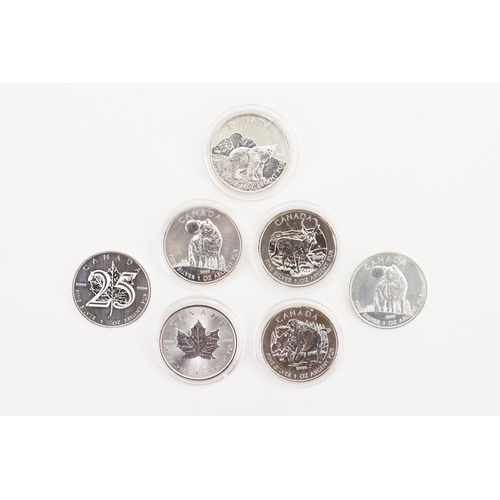 451 - A Collection of Five 2011 - 2013 Canadian $5 Silver 1 Ounce coins. Four contained in proof cases.