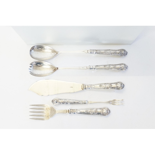 104 - A Collection of Kings Pattern Silver Plated Stag Handled Cutlery along Silver Handled Salad Servers ... 