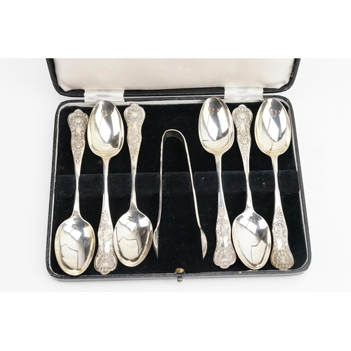 13 - A set of 1875 Silver spoons, along with  Silver sugar tongs. Weight 146g.