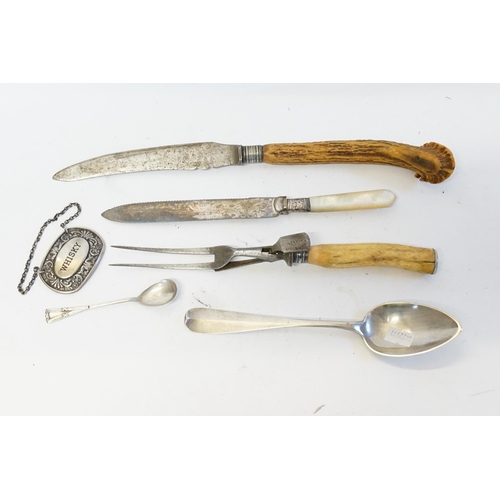 87 - A Danish Silver Spoon, Carvers, Mother of Pearl Cake Knife, etc.