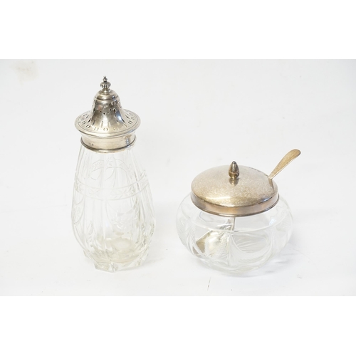 62 - A Silver Topped Sugar Shaker & a Marmalade Jar & Cover.