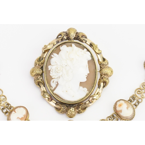 155 - A mourning cameo brooch, with reversible side, along with a cameo bracelet.