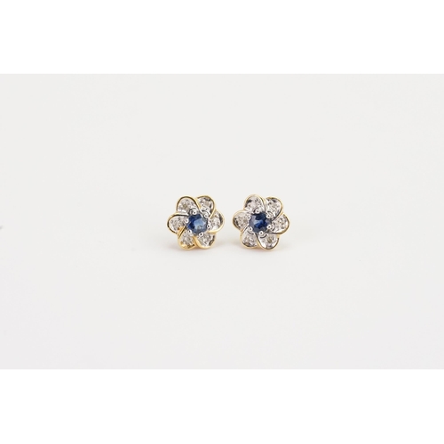 164 - A pair of Diamond and Sapphire set flower earrings. Weight: 2.4g. Sapphire size approx. 0.18ct.