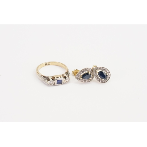 167 - A pair of Sapphire earrings, along with a diamond and Sapphire set ring. 4g.